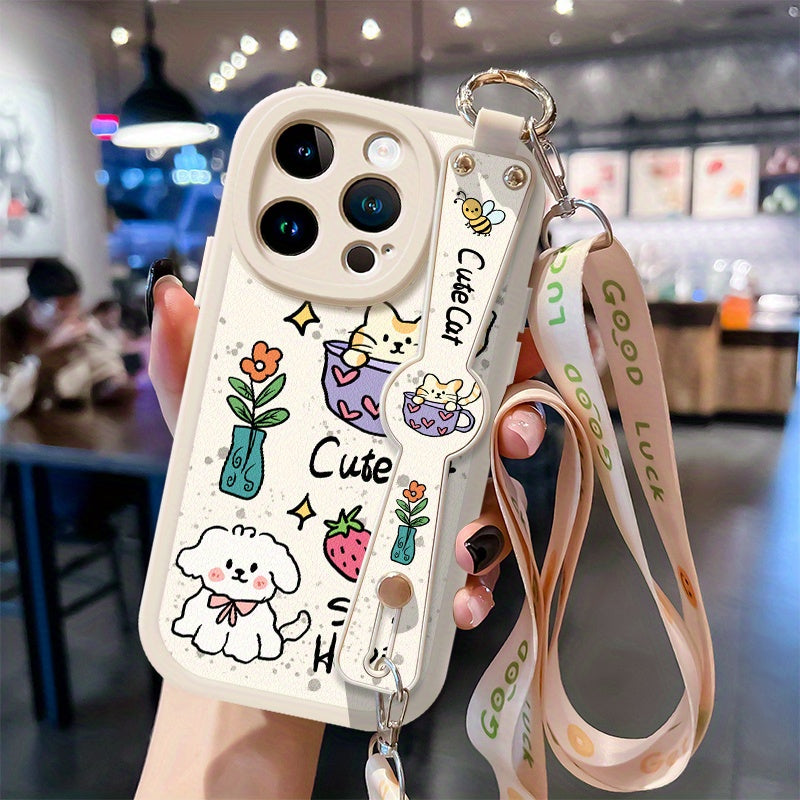 A Cute Cartoon Creative Teacup with a Kitten Design, Fully Wrapped And Shockproof, Suitable for Apple Iphone 16/15/14/Pro Max/Plus/Pro Cases for Phone 13/12/11 Pro/Mini with Full Coverage MAX Protection, Featuring a Lanyard T
